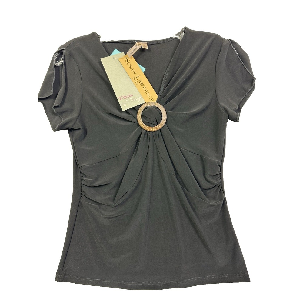Susan Lawrence Blouse Top Blouse Women V neck Size‎ PM Black NWT